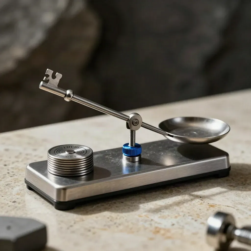 Steel balance scale with weights and shims on limestone, mid-shift under hard side light.