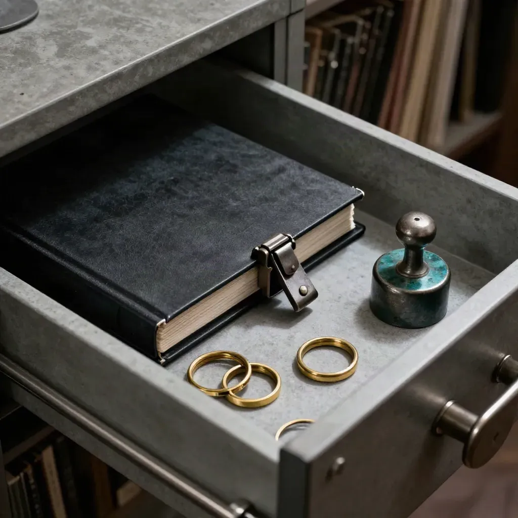 Vault audit kit with brass rings, latch, clip, and steel weight in a dim archive drawer