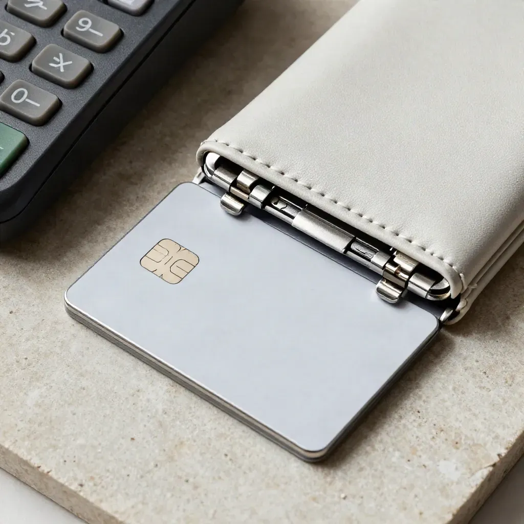 Overhead macro of payment hardware shell, chip card, and cash pouch on pale stone.