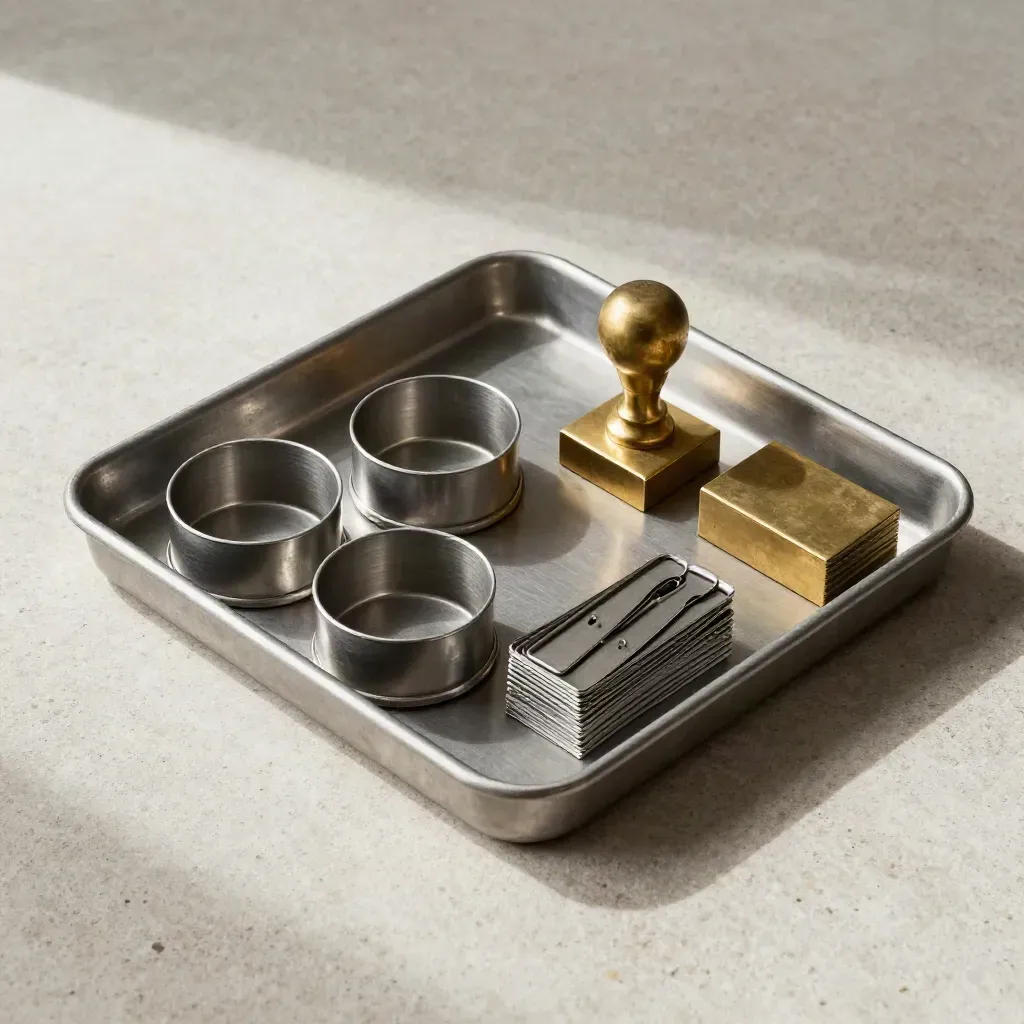 Top-down still life of a bank tray, coin cups, brass block and steel clips on pale stone.