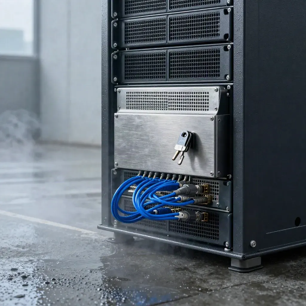 Rackmount blockchain node hardware on a wet concrete dock at dawn with blue fiber leads