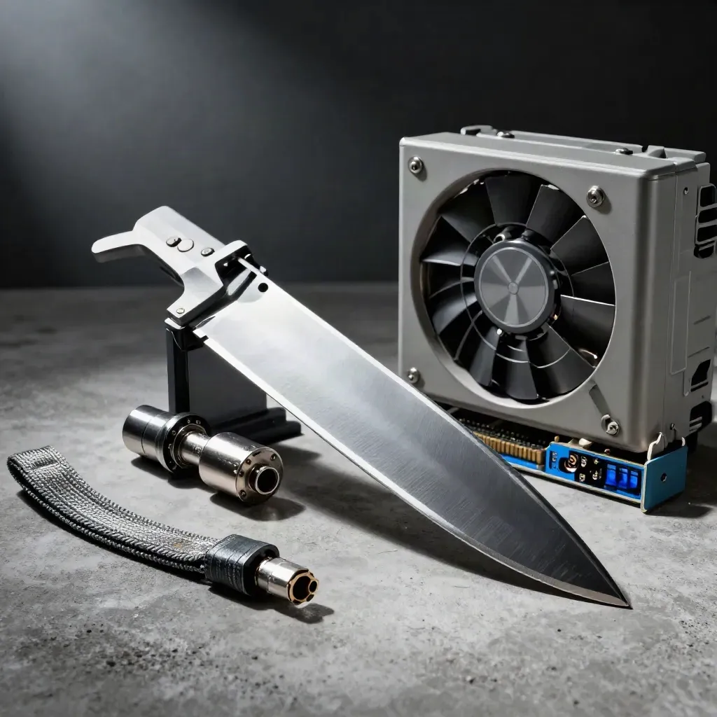 Rack blade, fiber couplers, grounding strap, and fan cassette on concrete in dramatic light.