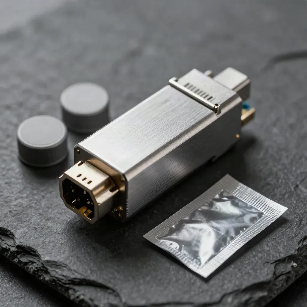 Fiber-optic transceiver module with dust caps and anti-static pouch on stone