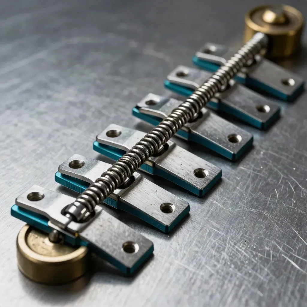 Macro of metal weights, routing tags, gauge housing and cable clips on brushed steel.