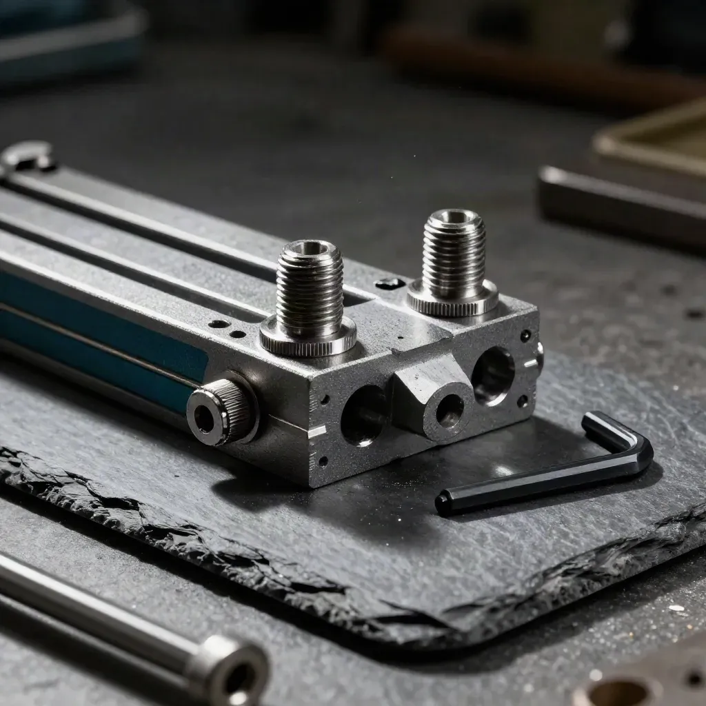Machined deployment jig with server standoffs and a hex key on a dark studio surface.