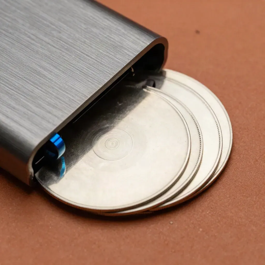 Macro of a hardware wallet shell, metal token discs, and a tamper seal ring on a clay-toned surface.
