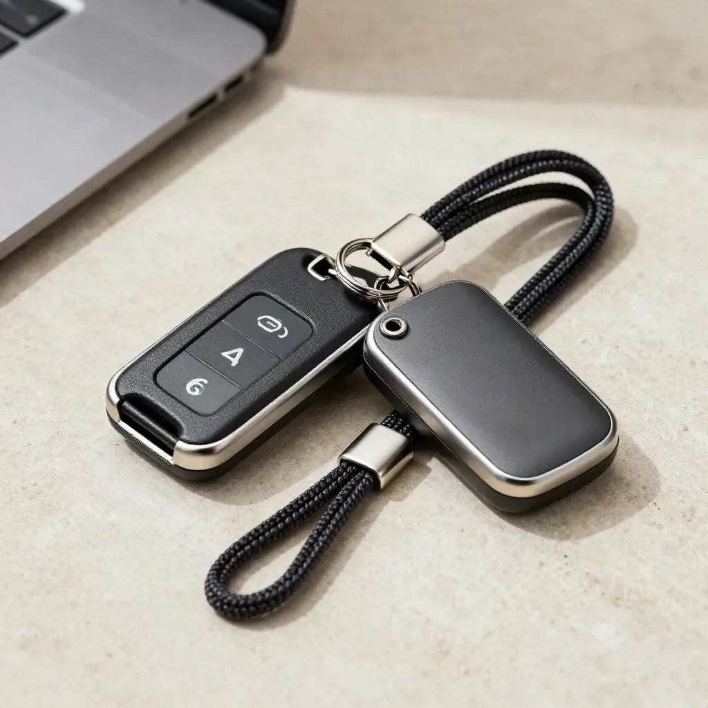 Security key, NFC reader puck, and braided lanyard clip on a graphite stone surface.