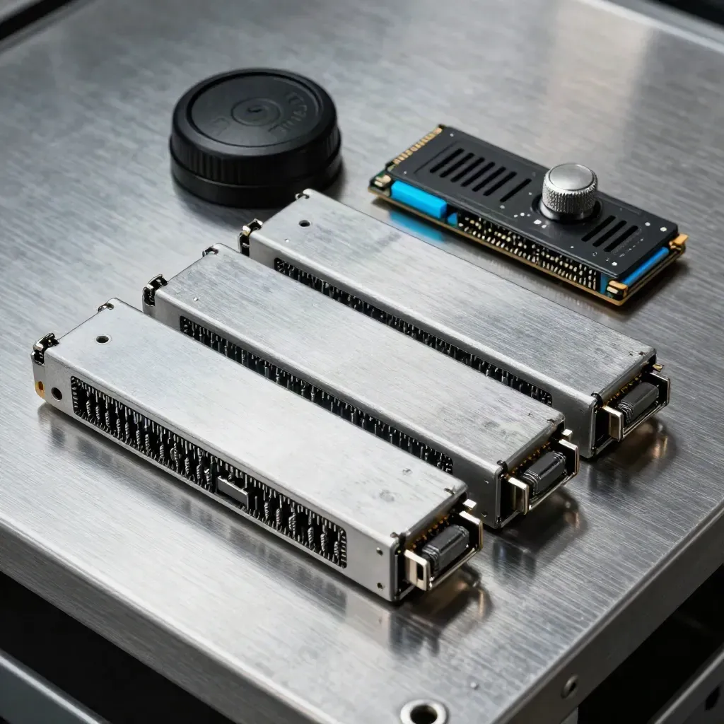 Three SSD caddies, an audit seal, and a rack-log module on brushed metal, lit from upper left.