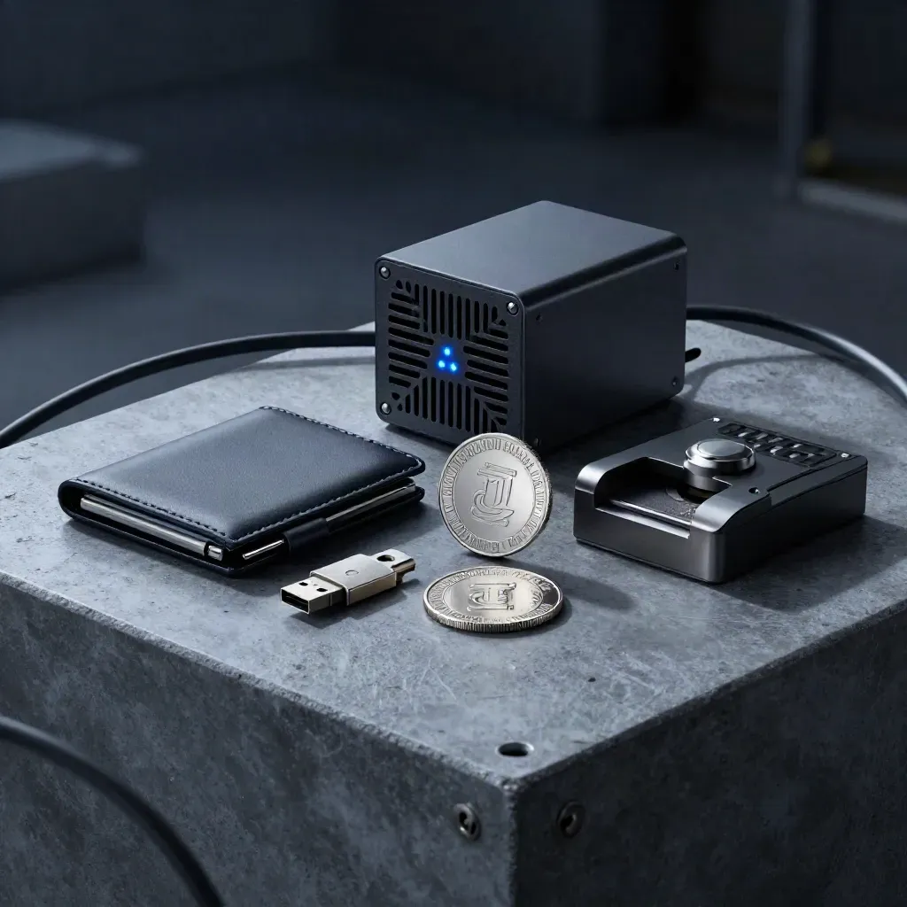 Hardware wallet, security key, token coin, token press and mini-server on a dim concrete bench.