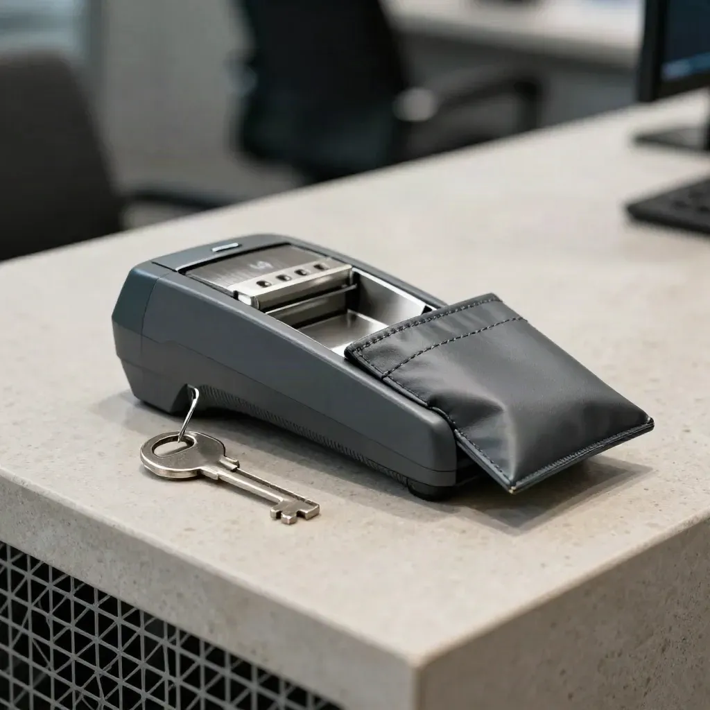 Macro of a payment terminal cradle, vault key, and tamper-evident pouch behind blurred mesh.