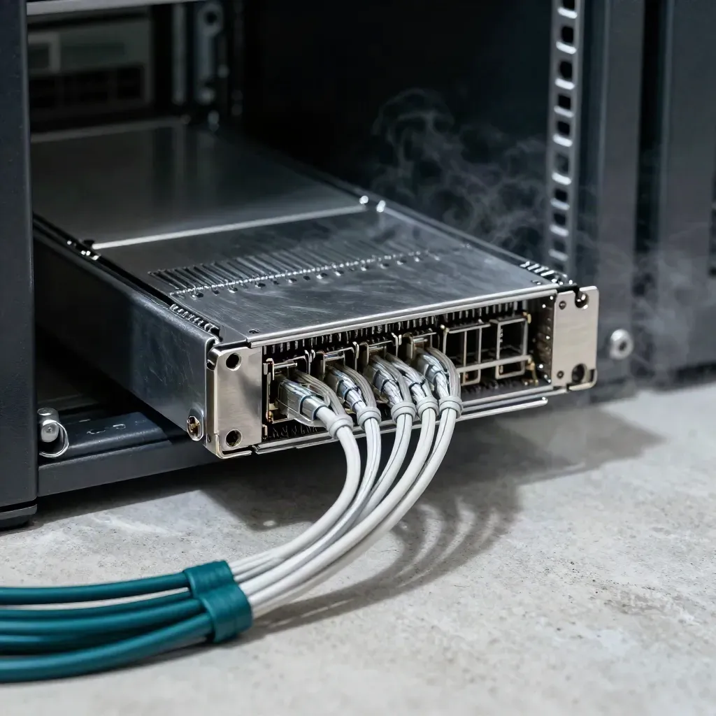 Server blade, fiber bundle, and node trays lit in a cool data-center closeup.