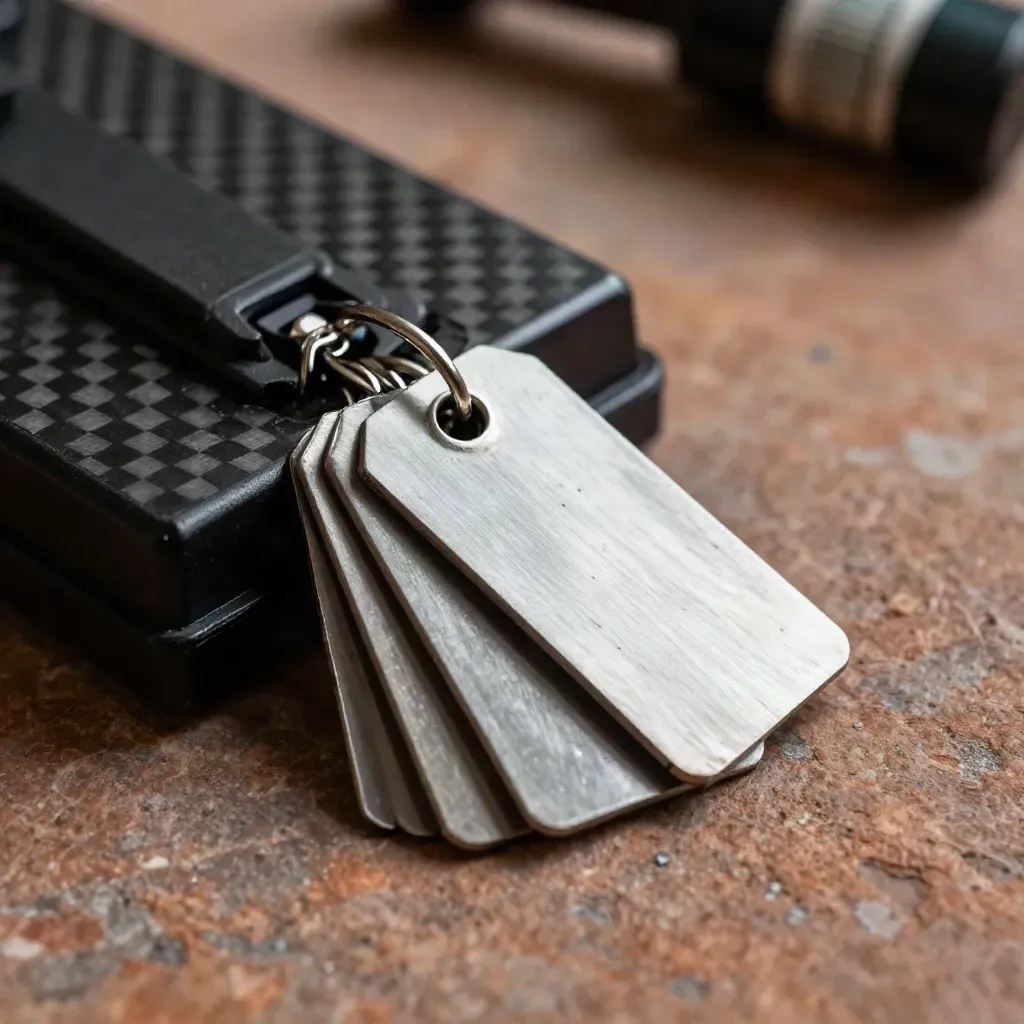 Metal tags, a carbon-black sled and audit seal on warm stone under raking light.