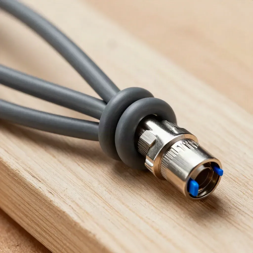 Macro of cable loops, ferrules, and a clip-on connector on pale wood with a blue accent
