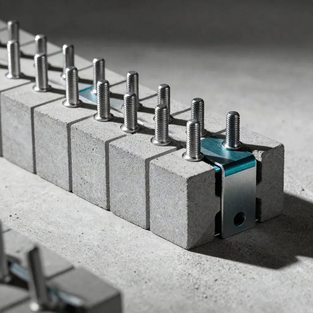 Graphite modular blocks and steel bracket aligned on concrete in hard raking light.