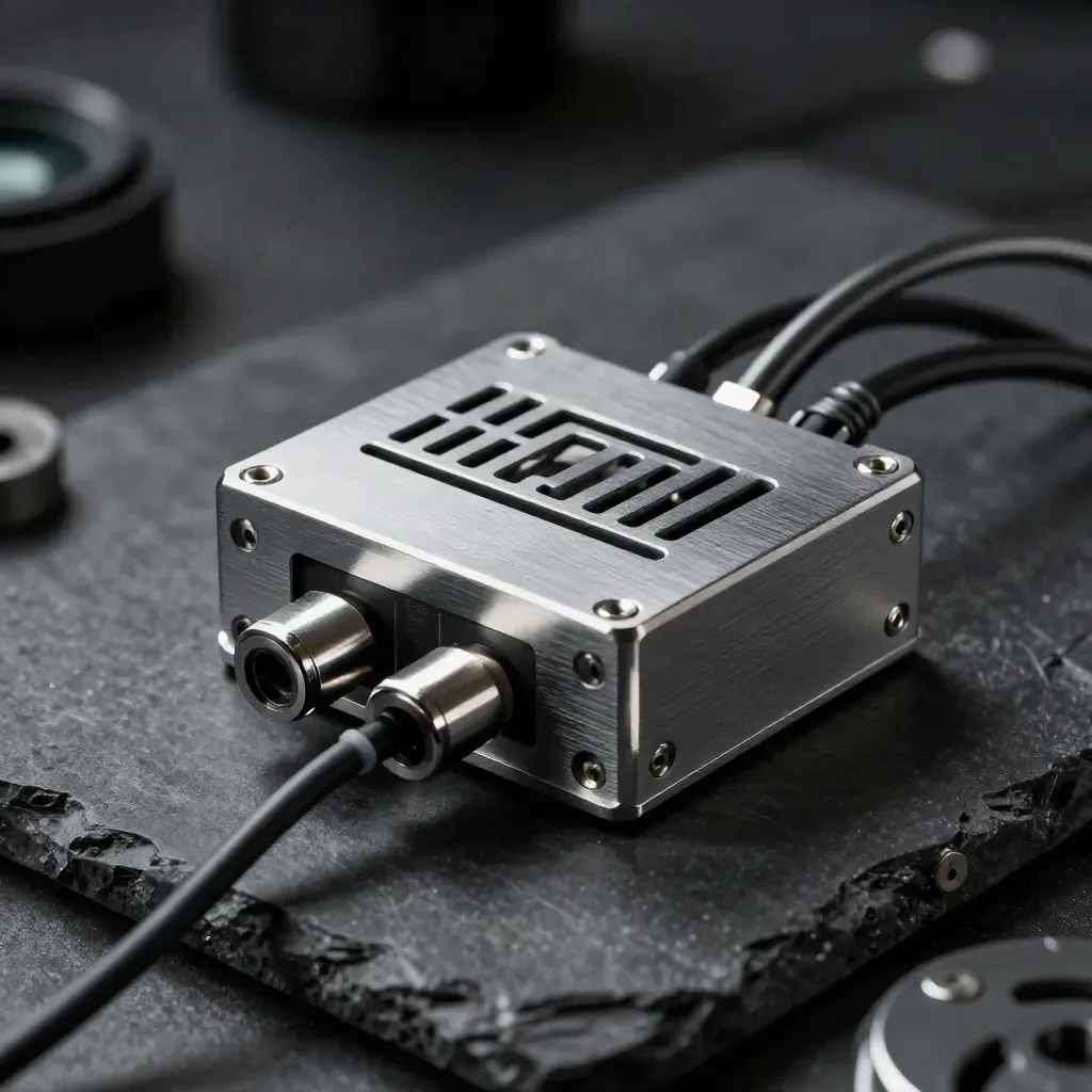 Silver rack sensor, vented module, and cable combs clustered on dark stone with dramatic light.