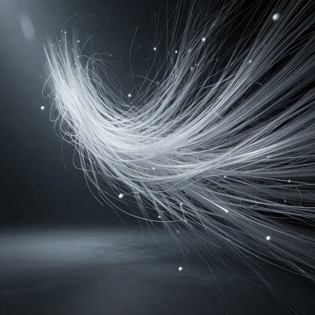 Silver light filaments converge in graphite haze with a soft bloom and empty lower third.
